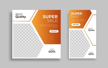 Set of Editable minimal square banner template. White orange background color with geometric shapes for social media post and web internet ads. Vector illustration