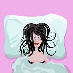 Young beautiful girl or woman sexy sleeping alone in big bed completely satisfied and happy, with a disheveled hairstyle. Vector illustration top view, blue and pink toned.