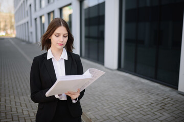 Fototapeta premium A confident business woman stands with documents near the business center.