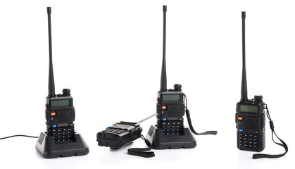 set collage of several black walkie-talkie radio communication device isolated on white background