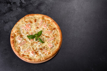 Delicious fresh seafood oven pizza: red fish and shrimp
