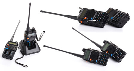 set collage of several black walkie-talkie radio communication device isolated on white background