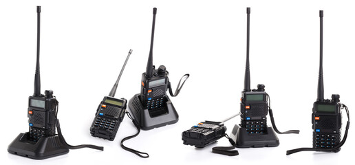 set collage of several black walkie-talkie radio communication device isolated on white background