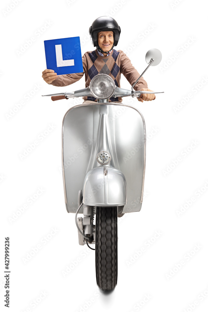 Poster Elderly man riding a scooter and holding a learner plate