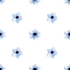 Сute floral pattern in watercolor with beautiful blue flowers on a white background, pattern for fabric, clothing, paper, etc.