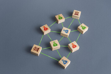 Banks and money connected in a network of lines. Financial system. Borrowing of credit funds in...