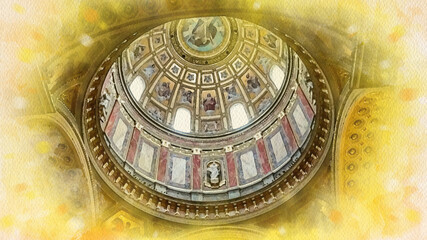 Fototapeta na wymiar Inside Church watercolor pattern Basilica of St. Stephen in Budapest Hungary colorful illustration