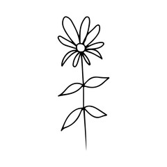 One line design silhouette of a flower with leaves. A simple child s drawing. Vector one line illustration