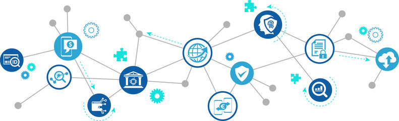 Fintech vector illustration. Concept with connected icons related to financial technology and services, smart banking, mobile phone payment, bank security / software / platform & data.