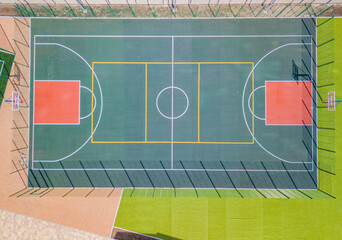 Green basketball court, aerial view