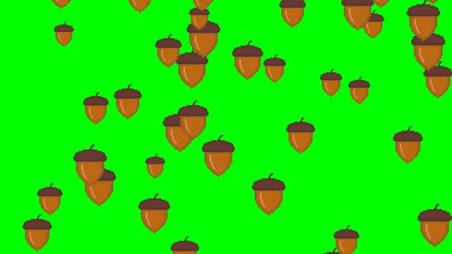 Pixel art acorns falling down on green screen background