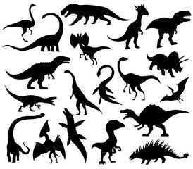 Dinosaurs and dino monsters icons. Predators and herbivores icon collection. Set of black vector silhouettes. Dinosaurs from jurassic period. Triceratops T-rex brontosaurus and others