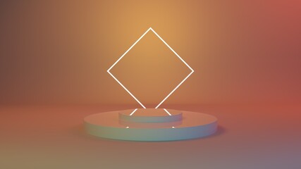 3D rendering pastel stand podium with neon sign. Empty space for product design show. Stage showcase for new product. Banners background. Cosmetic. Podium stand. 
