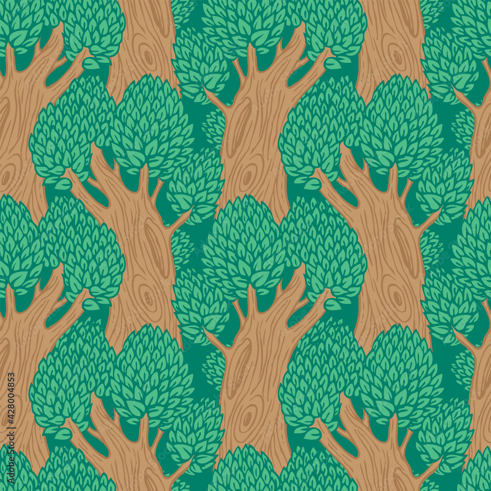 Poster seamless pattern with old stylised trees. vector background with beautiful forest in a flat cartoon 
