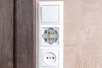 handyman repair wall power light switch. electric house wiring fix concept