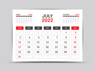 Calendar 2022 template minimal style, July month artwork, Desk calendar 2022 year, Wall calendar. Week starts on Monday, Planner, Printing media, poster, advertisement, Red background, vector