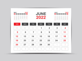 Calendar 2022 template minimal style, June month artwork, Desk calendar 2022 year, Wall calendar. Week starts on Monday, Planner, Printing media, poster, advertisement, Red background, vector