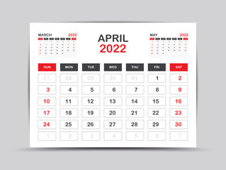 Calendar 2022 template minimal style, April month artwork, Desk calendar 2022 year, Wall calendar. Week starts on Monday, Planner, Printing media, poster, advertisement, Red background, vector