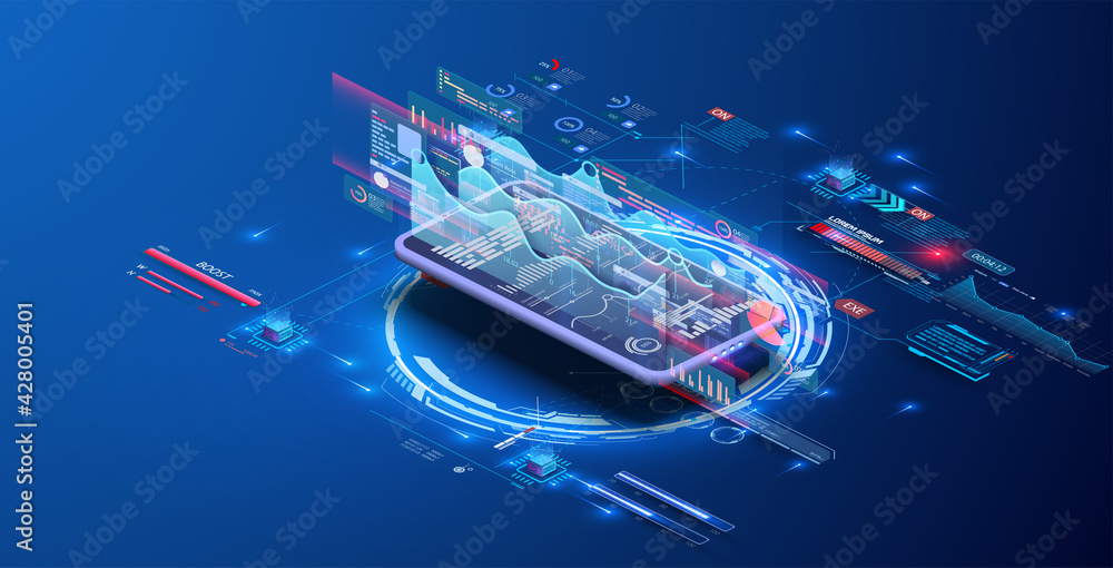 Poster modern flat design isometric concept of data analysis for website and mobile website. data analytics