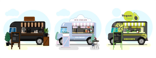 Set of vector food trucks with pizza, donuts and ice cream. Vector flat illustration of a fast food place on wheels with a striped awning and an advertising stand with a menu. Stylish retro