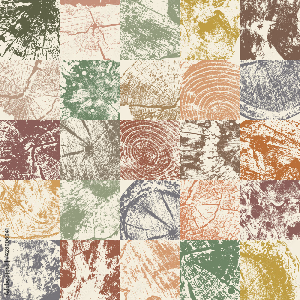 Poster abstract seamless pattern consisting of square elements of wood saw cuts and cross-sections of tree 