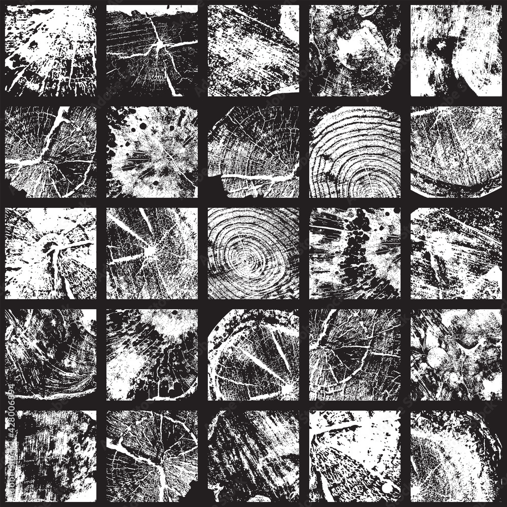 Poster black and white seamless pattern with square elements of wood saw cuts and cross-sections. abstract 