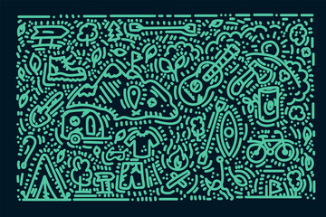 Summer camp background Doodle. The poster is a linear hand-drawn camping and travel poster. Icons background Recreation with various equipment, tent, axe, bike. Vector illustration
