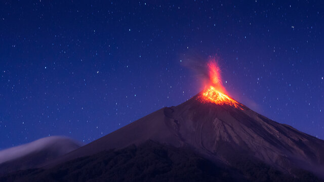 Erupting Fuego Volcano In The Night; Guatemala Volcano