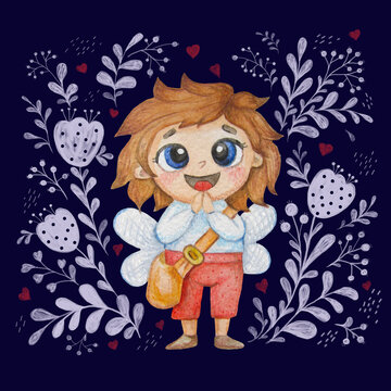 Cute playful fairy boy with wings on a blue background with a floral pattern and hearts. Watercolor. Childrens collection. Hand drawing For design, cards, decor and print