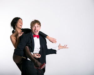 Fashion style photo of a cute couple. Happy day. Couple love. Elegant dress. 
