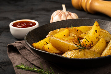 Roasted potatoes with rosemary on the plate.