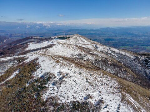 Aerial winter view of Konyavska mountain near Viden Peak, Bulgaria