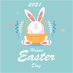 Happy Easter 2021 greeting card with funny bunny and lettering design