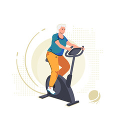 Elderly senior woman on exercise bike. Home workout training on stationary bicycle. Sport indoor retirement, active mature pensioner illustration. Cardio cycling person, isolated vector concept