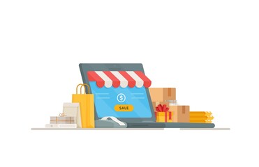Vector illustration of the cash register. Shopping in a store. Shopping and payment. Online sales in the stores.