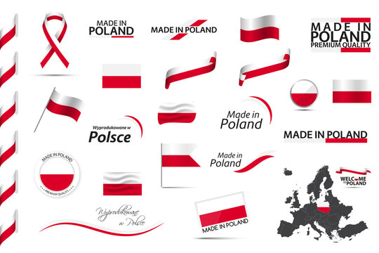 Big vector set of Polish ribbons, symbols, icons and flags isolated on a white background. Made in Poland, premium quality, Polish national colors. Set for your infographics and templates