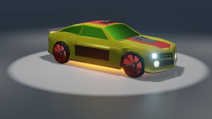 Yellow Sport Car, Sedan with neon, light area background, 3D Illustration, 3D Rendering    
