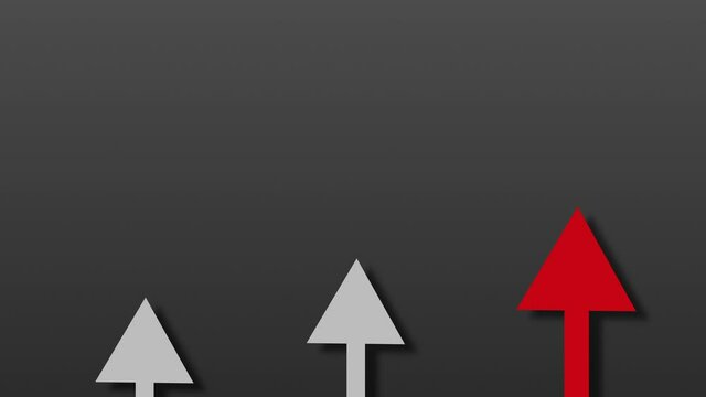 Three arrows gray and red with shadows move up in the frame on dark gradient gray. Business infographic and study education concept with copy and data space as element for information presentation