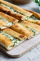 Traditional turkish food, pide with cottage cheese, turkish pastry concept