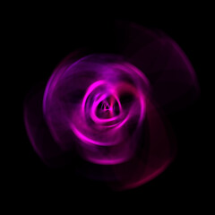 Spinning rays of light isolated on black background. Graphic 2D illustration of glowing colorful light particles in circular motion.