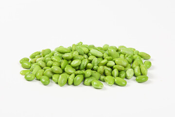 fresh green soybeans on white background.