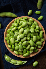 raw green soybean in plate on wooden background. fresh beans.