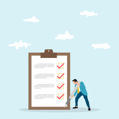 Checklist for work completion, review plan, business strategy or to do list for responsibility and achievement concept. Confident businessman holding pen after completed all tasks checklist.