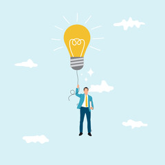 Big idea to solve business problem, invention or innovation to drive business growth or work achievement concept, smart businessman manager holding light bulb floating balloon flying high in the sky.