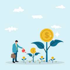 Plant money coin tree growth illustration for investment concept. Income salary rate increase concept with people character and dollar symbol. Business profit performance of return on investment ROI.