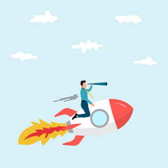 Entrepreneurship, startup vision or empowerment, leadership to see future vision and start business concept, smart confidence businessman manager open rocket window using telescope looking forward.