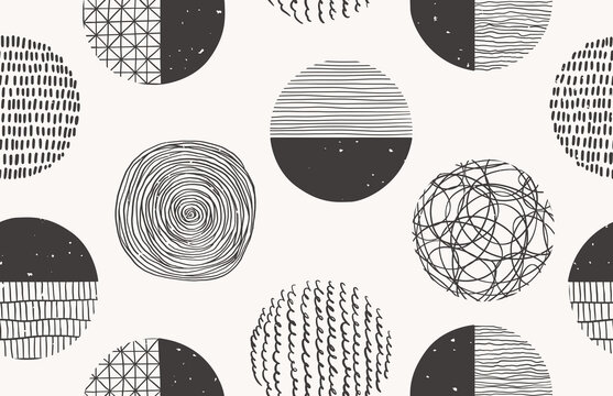 Vector monochrome seamless hand drawn pattern made with ink, pencil, brush. Geometric doodle shapes of spots, dots, strokes, stripes, lines. Template for social media, posters, prints.