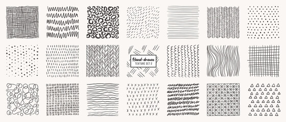 Set of hand drawn patterns isolated. Vector textures made with ink, pencil, brush. Geometric doodle shapes of spots, dots, circles, strokes, stripes, lines. Template for social media, posters, prints. - obrazy, fototapety, plakaty