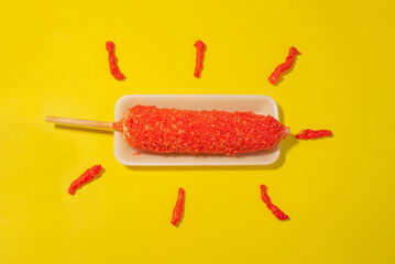 elote cocido preparado con salsa, mayonesa, queso y papas, snack mexicano