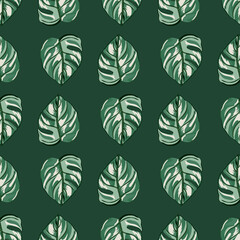 Tropical seamless pattern on green background. Abstract texture decoration with leaf monstera real color with black outline.